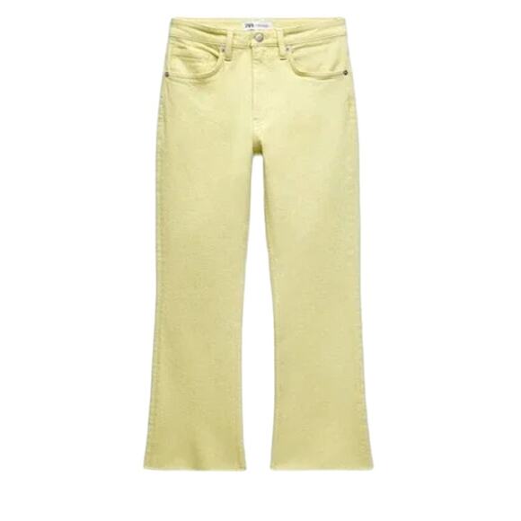 Zara Mid Rise Crop Flare Lime Yellow Stretch Jeans NWT Size 8 - Picture 2 of 15